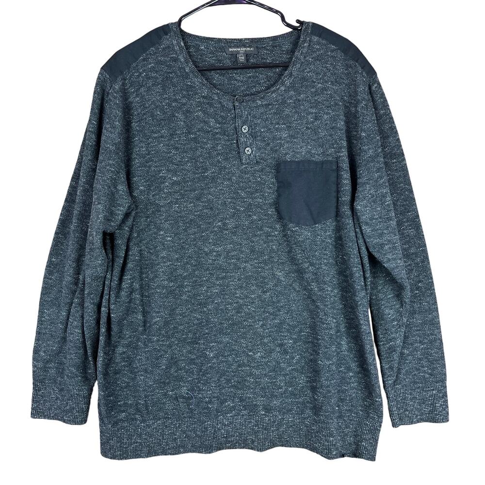 Banana Republic Mens Waffle Knit Shirt Gray Henley Front Pocket Long Sleeve XXL